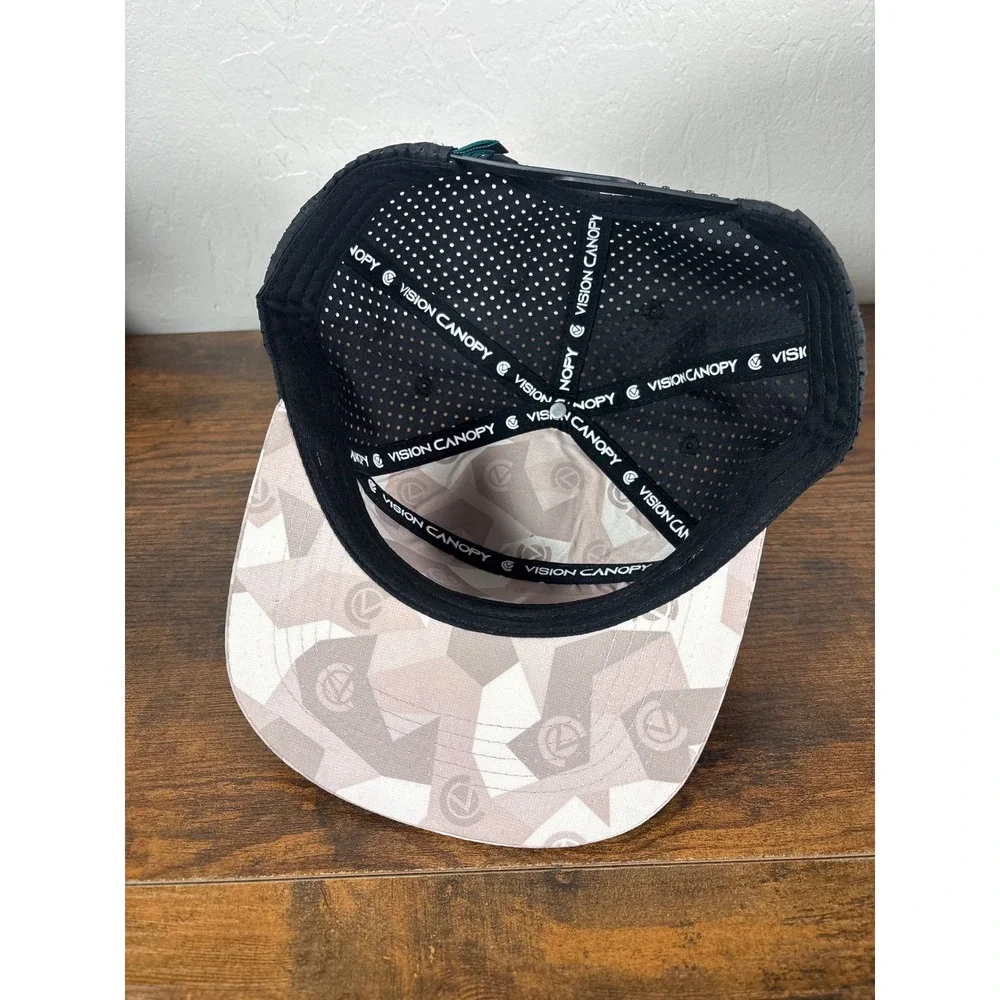 Vision Canopy Snapback Hat Tan Geometric Camo Black Perforated Mesh Flat Bill